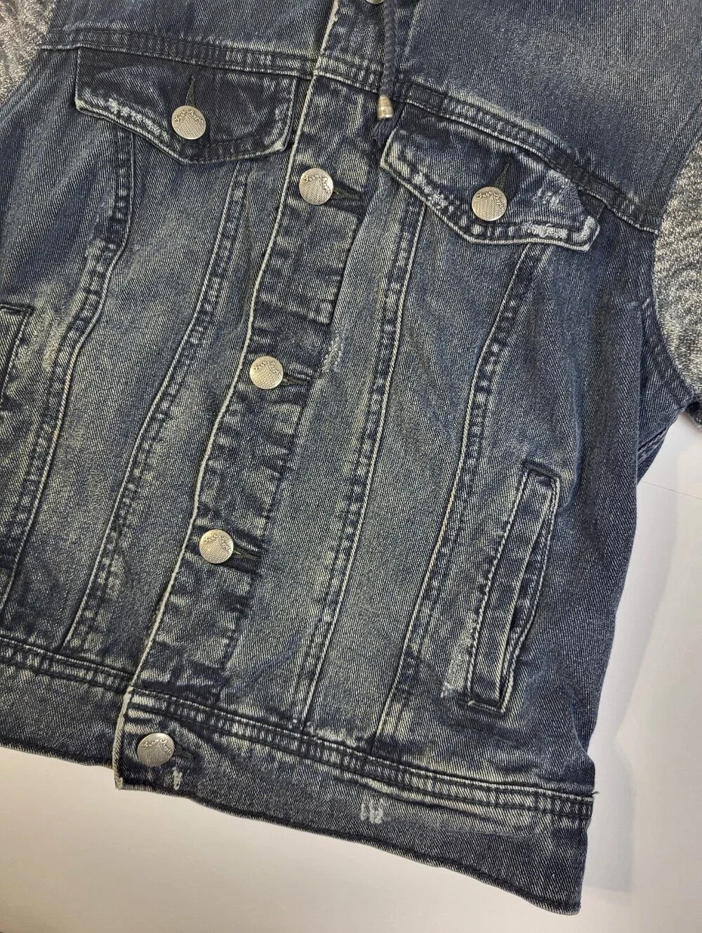 Free People Distressed Black Denim Mixed Knit Jacket Hoodie Boho Punk Small